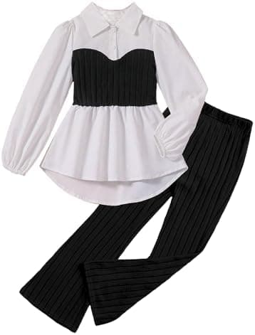 Ensemble t-shirt à manches longues pour filles, col claudine, tunique décontractée et pantalon évasé taille haute pour l'automne