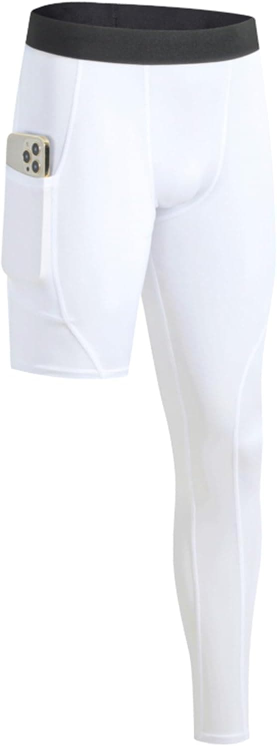 Homme One Leg Compression Collants avec Poches Legging Running Séchage Rapide Tight léger Respirant Caleçons Basketball Pantalon de Compression Fitness Entraînement Gym