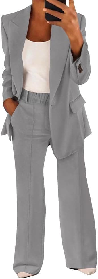 shownicer Tailleur Femme Pantalon 2 Pièces Chic et Elegant Couleur Unie Slim Fit Blazer Veste Taille élastique Formel Bureau Travail Pantalon Costume Revers Manteau Ensemble