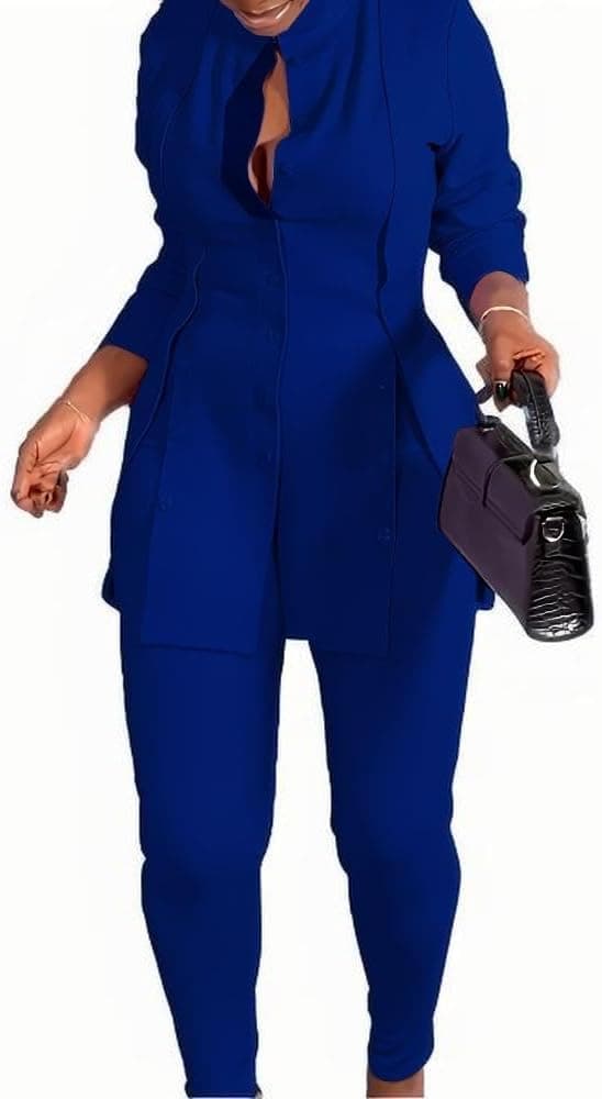 Women’s 2 Piece Outfit Long Sleeve Button Front Top and Slim Pants Set Business Casual Workwear Pant Suit