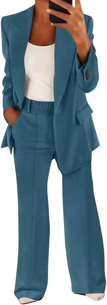 shownicer Tailleur Femme Pantalon 2 Pièces Chic et Elegant Couleur Unie Slim Fit Blazer Veste Taille élastique Formel Bureau Travail Pantalon Costume Revers Manteau Ensemble