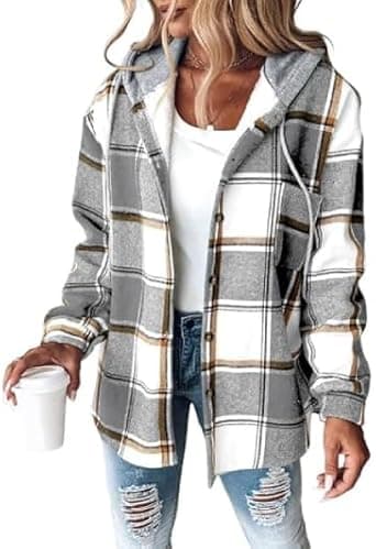 CHICME Womens Lightweight Casual Jacket Plaid Long Sleeve Shacket Fleece Lined Hooded Jackets Warm Coat