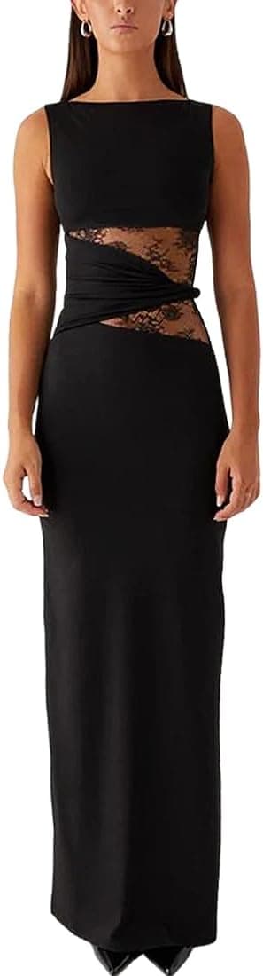 Robe Femme Sexy sans Manches Robes Longue Moulante à Col Rond Maxi Robe Transparente Dentelle Patchwork Robes de Cocktail Chic et Elégant Bodycon pour Clubbing Prom Fête Mariage Invité