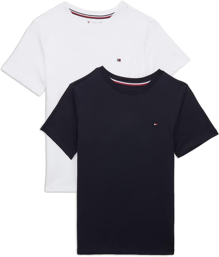 Tommy Hilfiger Garçons 2-Pack Coton Biologique équipage T-Shirt Col, Ciel du Désert/Blanc