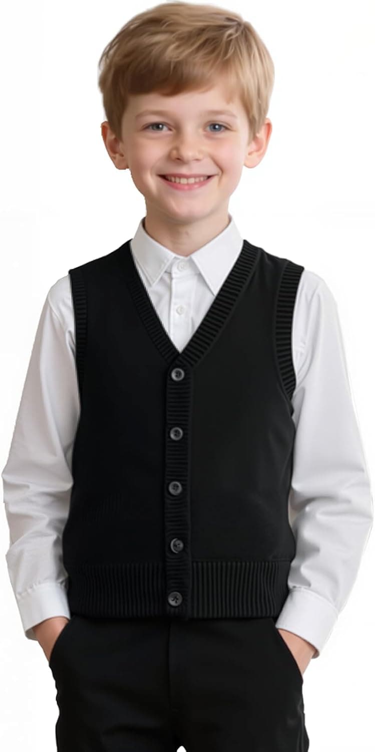 Yanmucy Gilet tricoté sans manches à col en V pour garçons et filles, uniforme scolaire, pull cardigan assorti pour enfants âgés de 5 à 14 ans