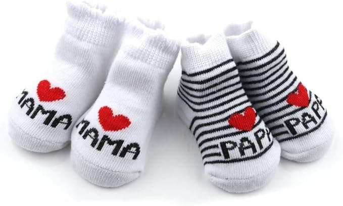 Distinct® Chaussettes en coton pour bébé chaussettes mignonnes J'aime MaMan + j'aime PaPa Chaussettes en coton pour nouveau-nés pour tout-petits garçons et filles (2 paires)