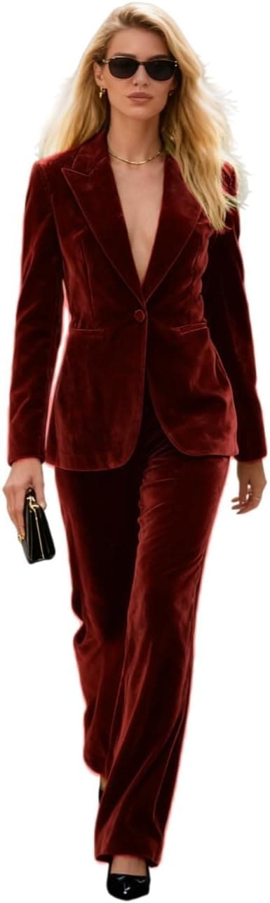 Costume 2 pièces en velours pour femme avec revers en pointe, costume de travail, smoking, blazer et pantalon