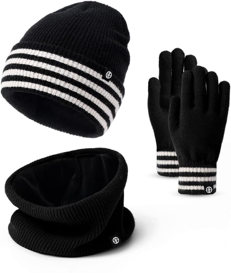 Ensemble de Tricotés Bonnet Écharpe e Gants pour Femme,Doublure Intérieure en Polaire Douce Brossée, Cache-cou élastique, Gants épais pour écran Tactile, pour Temps Froid