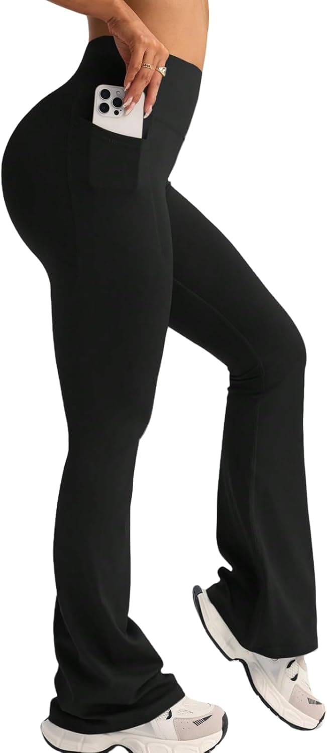 Pantalon de Yoga Boocut Femmes Taille Haute Opaque Bootcut Yoga Pants avec 2 Poches Contrôle du Ventre Bootcut Legging sans Couture Pantalon de Sport Fitness Gym Pilates Jogging Danse