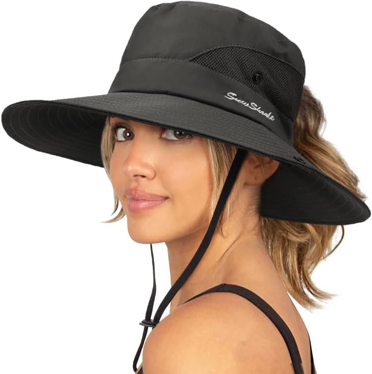 DRESHOW Femme Soleil Chapeau l'extérieur UV Protection Pliable Large Bord Pêche à Cheval Queue Chapeau UPF 50+