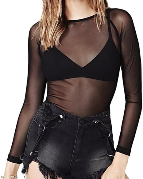 Hauts Transparents Femme T-Shirt, Haut en Voile Transparente, Manches Longues Top en Maille Sexy, Blouse Sheer Mesh pour Femme Sexy Tenue de soirée en Club Slim Coupe - Noir