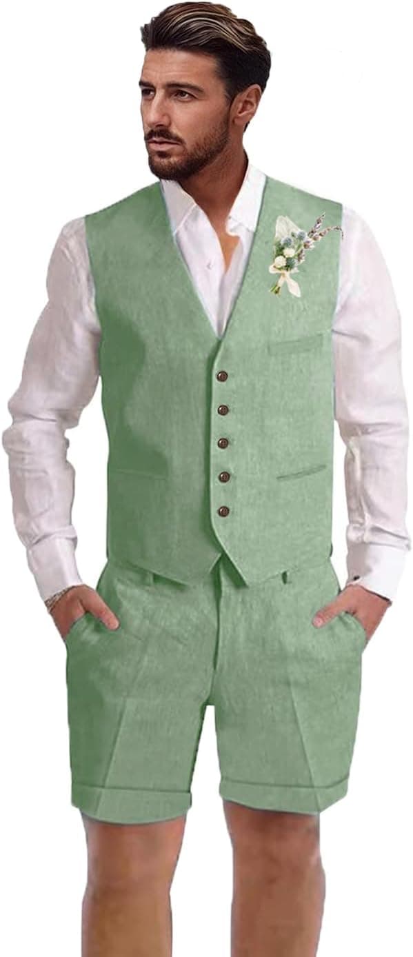 Costume 2 pièces en lin pour homme - Style décontracté - Pour l'été, la plage, le mariage - Ensemble gilet et short