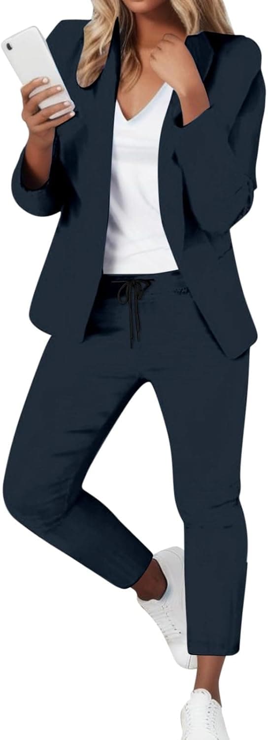 2 Pièces Tailleur Femme Ensemble Pantalon Couleur Unie Élégant Manches Longues Grande Taille Simple Boutonnage Revers Blazer Veste Chic Formel Bureau Travail Pantalon Costumes