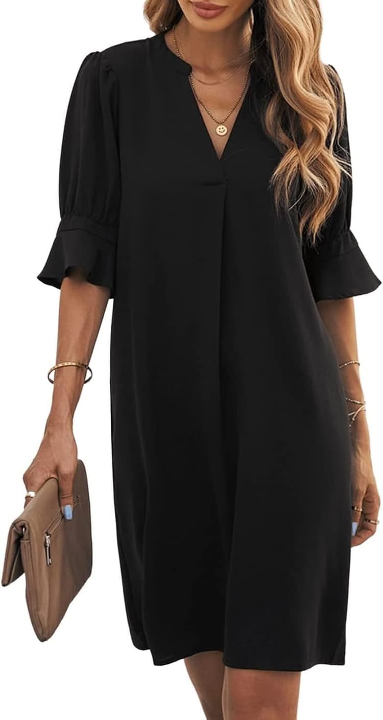 Famulily Robe chemise élégante et décontractée, pour femmes, avec col en V, manches mi-longues, couleur unie, tailles S à XXL