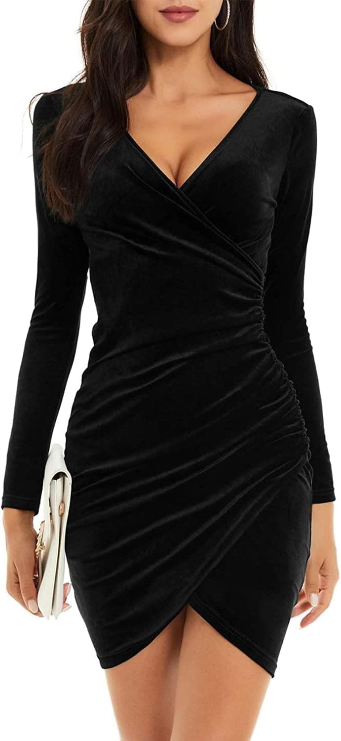 Robe Femme Hiver Courte Velours Robe Moulante à Manches Longues Col en V Robe De Soiree Femme Vintage Chaud Chic Sexy Robe