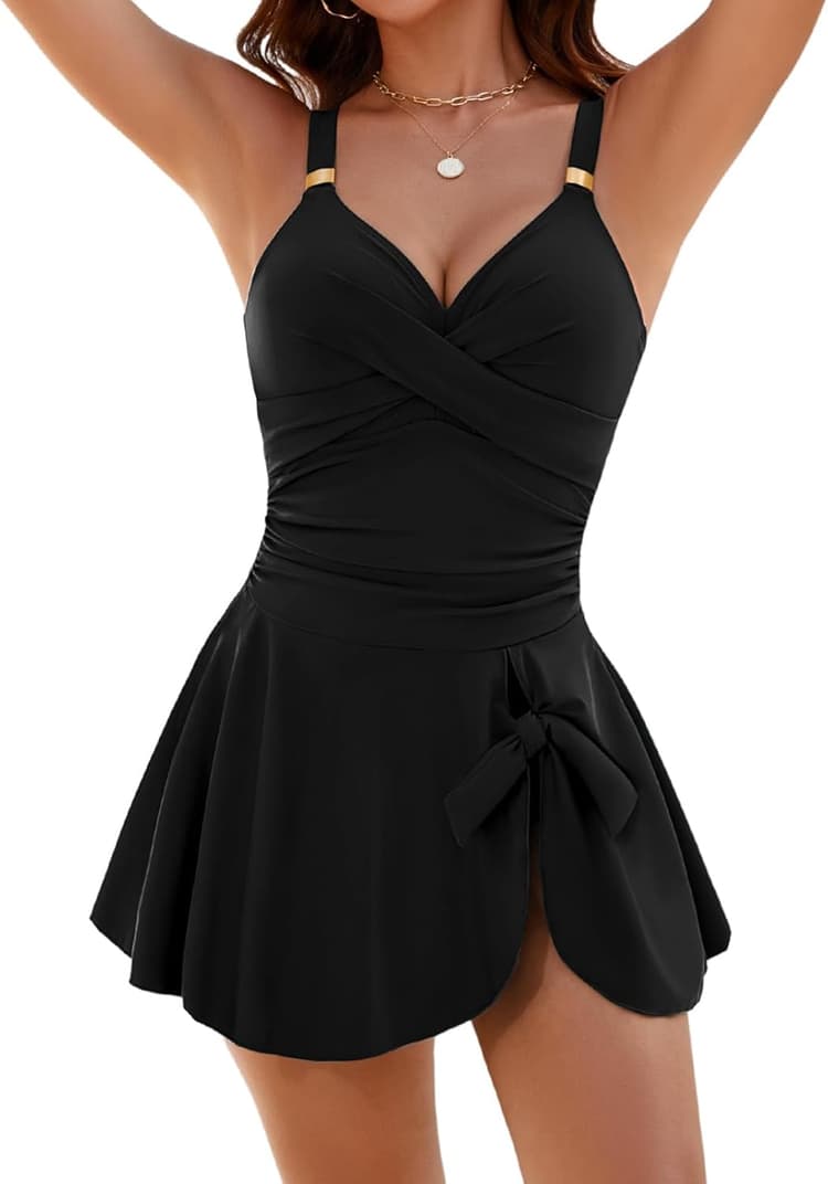 Nadeer Maillots de Bain Une Pièce Femme Robe Col en V Push Up Contrôle du Ventre Swimsuit Dress Swimwear de Plage Elégant Ventre Plat Beachwear