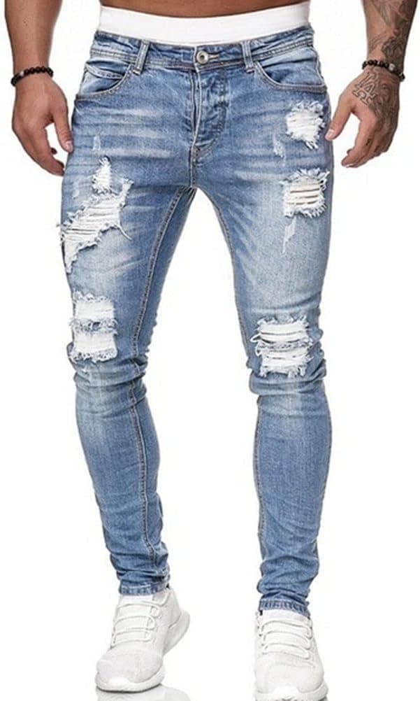Jeans Homme Pantalons en Denim à Trou Droit Jeans Trou Cassé Pantalons avec Fermeture Éclair Jean Homme Bassin Jeans Homme Pantalons de Sport Jeans Trou Cassé