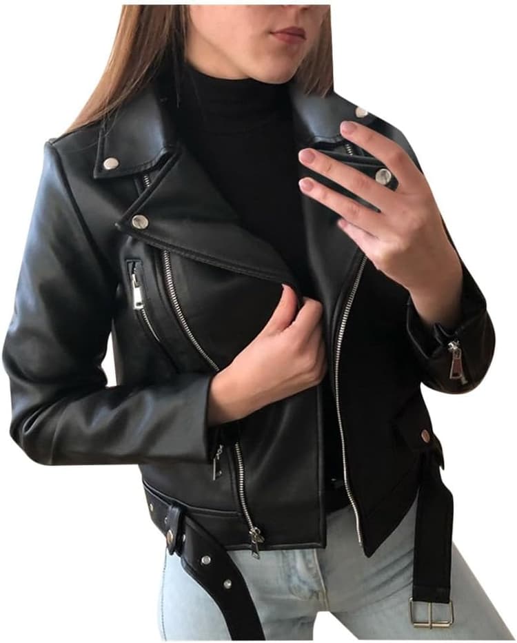 Manteau Femmes Veste Cuir Zipper Veste Courte Cuir Moto Biker Blazer Vintage Manches Longues Couleur Unie Mode Blousons Fermeture éclair Femme Grande Taille Veste Cuir Printemp Automne