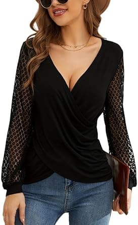 Chemisier Femme Manches Longues Dentelle Top Cache-Cœur Sexy Col V Blouse Croisée Devant Hauts Chic et Élégant Tunique Casual T-Shirt y2k Tops Mode Pull Idéal Soirée Cocktail Travail