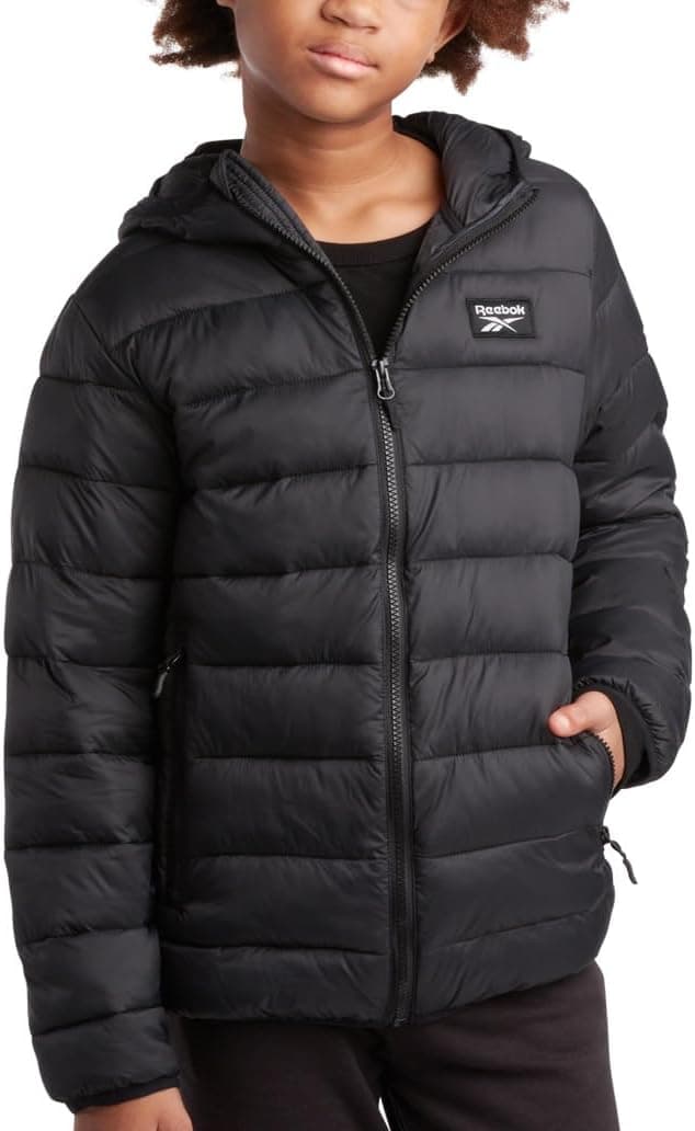 Reebok Boys Winter Coat - Lightweight Insulated Puffer Jacket - Wind & Water Resistant Quilted Hooded Winter Jacket for Boys