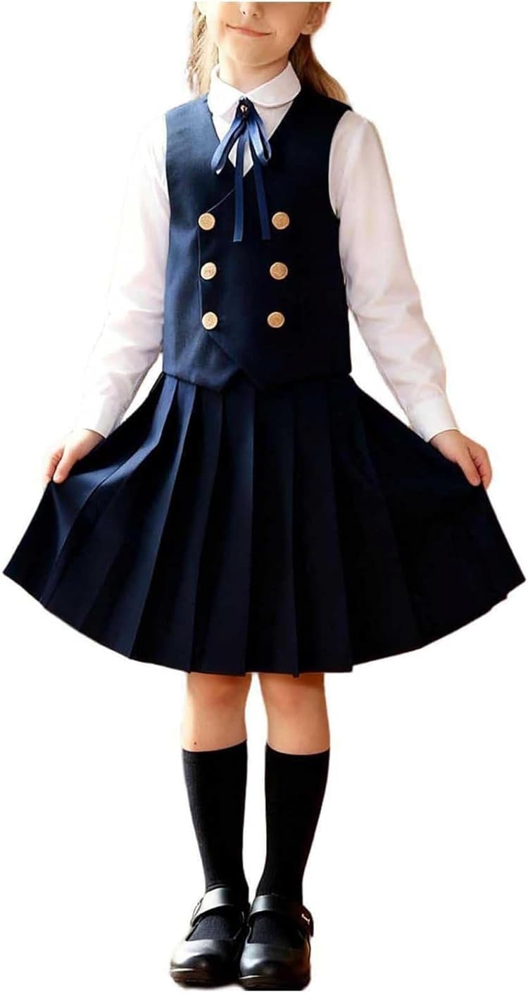 Robes d'uniforme scolaire pour filles, 4 pièces, chemises boutonnées à manches longues, gilet à col en V et jupes plissées avec cravate pour enfant