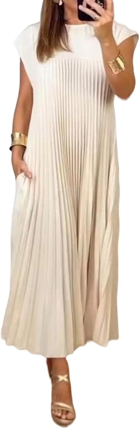 Longue robe plissée simple de couleur unie pour femme, à col rond, ample, pour l'été