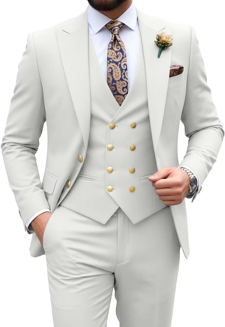Costume 3 pièces à double boutonnage pour homme - Coupe ajustée - Smoking formel et décontracté - Veste blazer - Pantalon - Costume de mariage pour homme