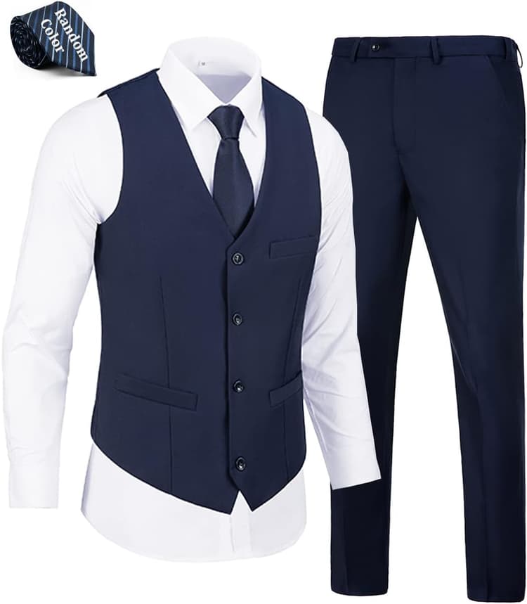 WOMS Mens 2 Pieces Suits Vest Pants Set Slim Fit Wedding Groomsmen Suit for Men Formal