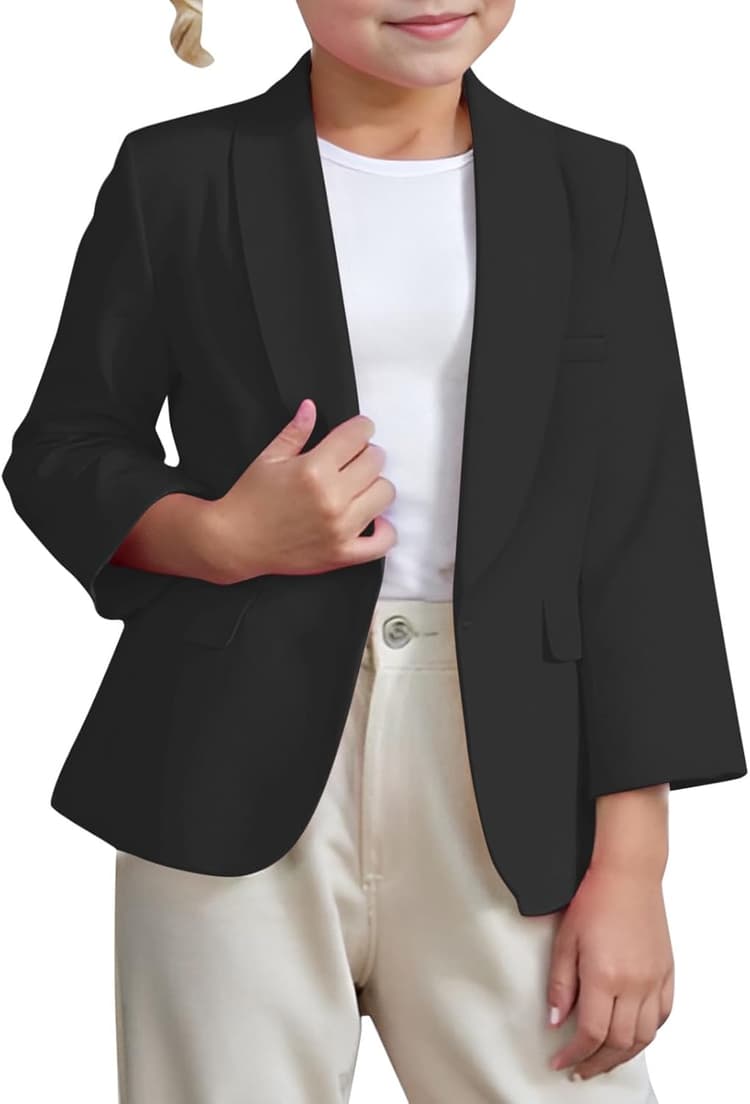 Blazer Fille Blazers à Manches Longues pour Filles Col ChâLe Veste De Costume Formelle avec Poche IntéRieure Automne Printemps Elegant Manteau Enfant Veste de Costume de Couleur Unie 3-14 Ans
