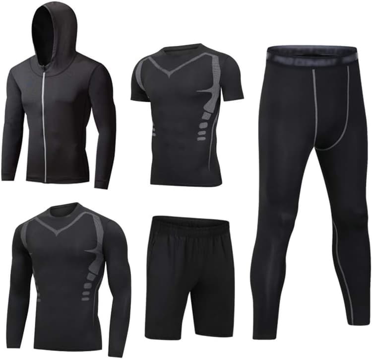 Homme 5 Pièces Vêtements de Sport avec Hoodies Vestes Manches Courtes/Longues Shirt Compression Collant Short Séchage Rapide Workout Ensemble de Fitness Sportswear