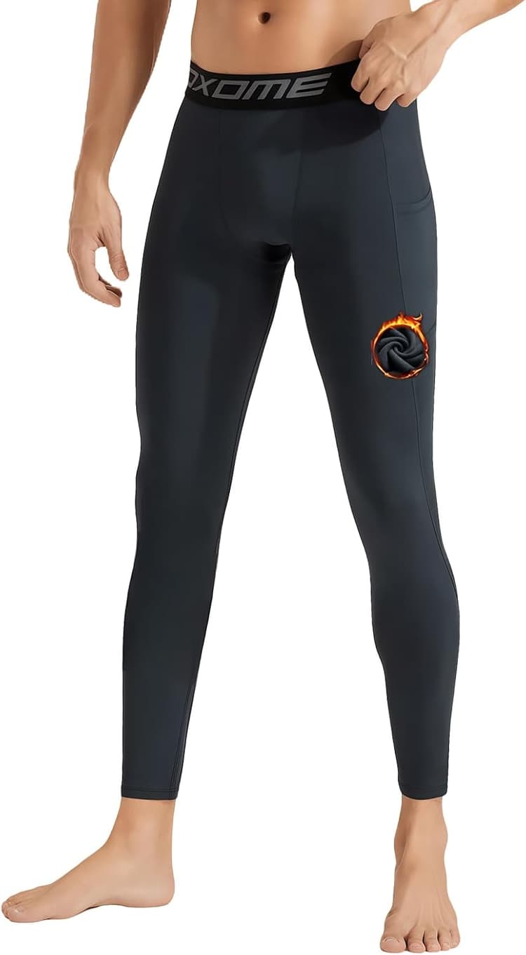 Men Thermal Compression Pants Fleece Lined Tights Athletic Heated Leggings Cold Weather Baselayer Winter Gear Pockets