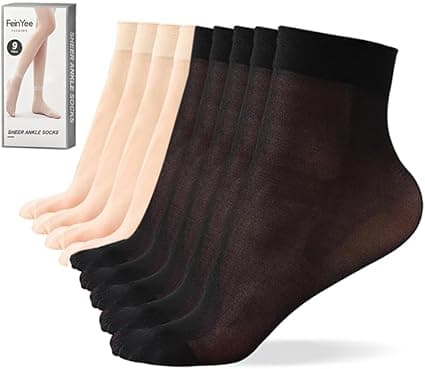9 Pairs(in Gift Box) Ankle Sheer Socks For Women,Premium 20D Reinforced Toes in Black & Nude One Size