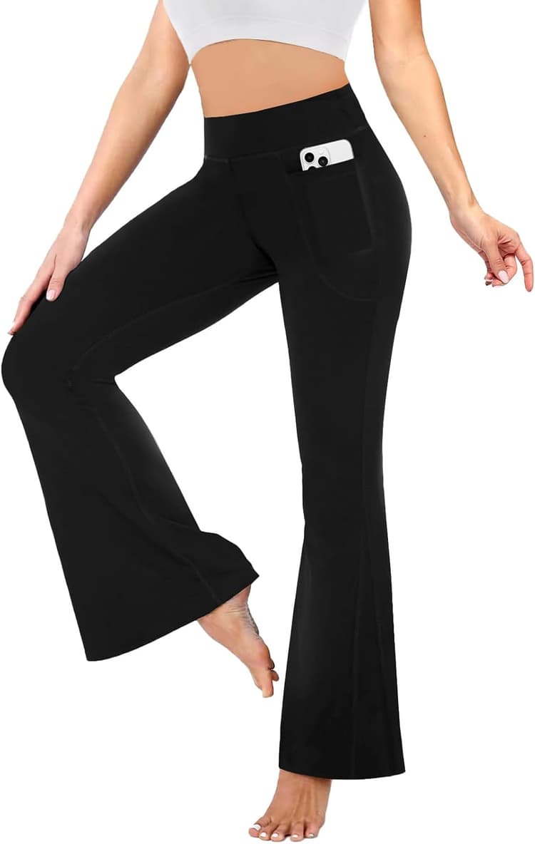 Legging Femme avec Poches, Taille Haute Effet Ventre Plat Bootcut, Pantalon Yoga Élastique pour Le Sport et la Gym