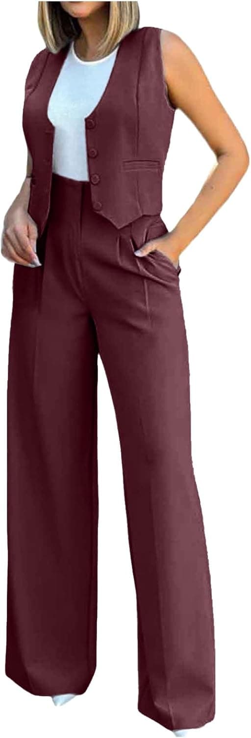 Costume Femme Pantalon Et Veste, sans Manches Couleur Unie Gilet Haut Top Pantalon Survêtement Ensemble 2pcs Formelle Deux Boutons Elegant Costum Tailleur 2 Pieces