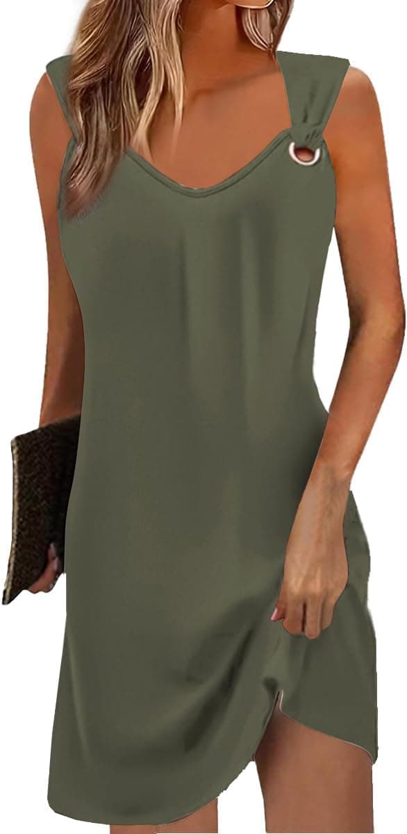 Yeenily Robe Femme Col en V sans Manches Décontractée Plage Robes Chic et Elegant Été Couleur Unie Mini Longue Tunique Robe