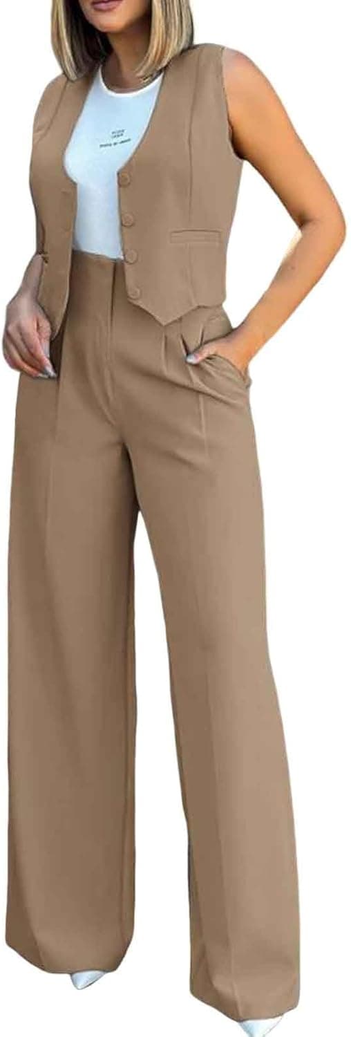 Tailleur Femme 2 Pièces sans Manches Formel Bureau Travail Pantalon Costumes Manteau Ensemble Couleur Unie Slim Fit Gilet à Boutons Chic et Elegant Veste Manteau Pantalon Ensemble