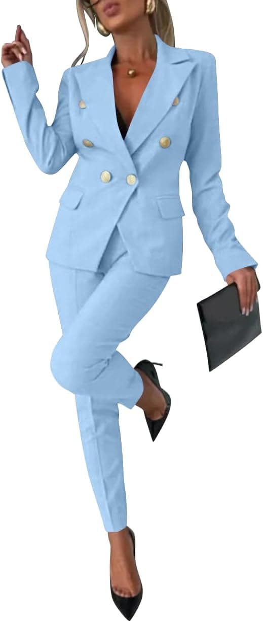 shownicer Tailleur Femme 2 Pièces Elegant Slim Fit Manche Longue Blazer Veste Formel Bureau Travail Pantalon Ensemble Blazer OL Couleur Unie Costumes Outfits