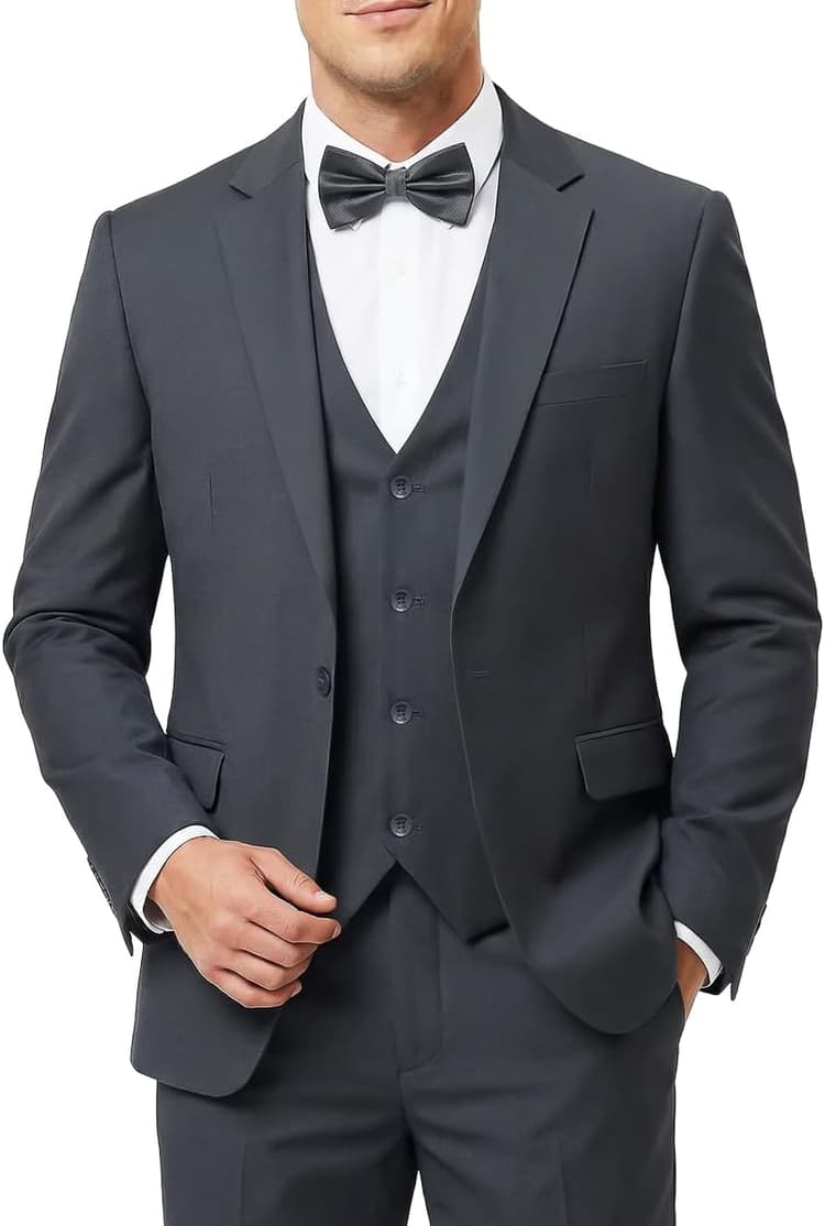 Men's 3-Piece Slim Fit Suit with Bow Tie, Single Button Blazer Vest Pants Set for Wedding Business, Formal Suit for Men