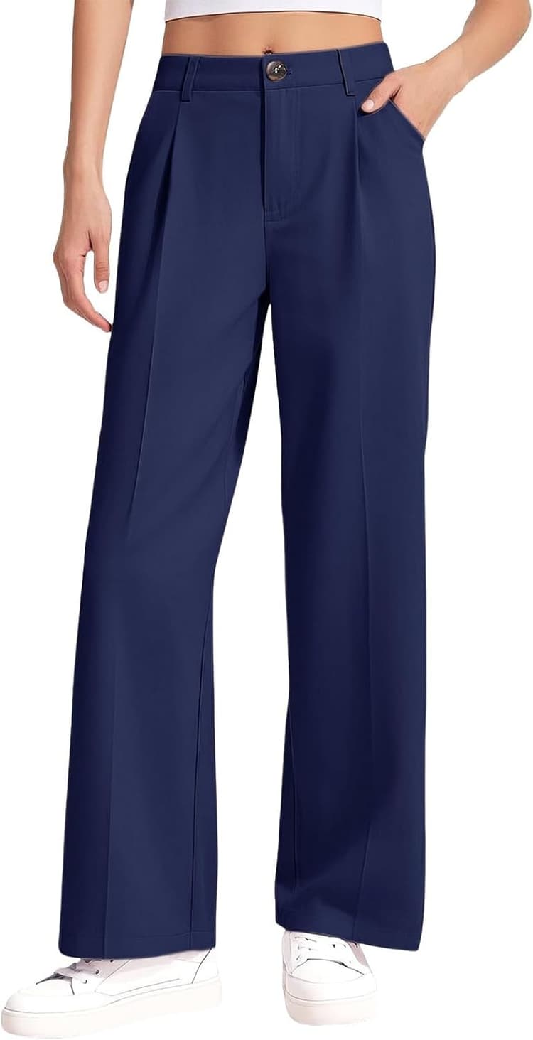 Pantalon long pour uniforme scolaire pour filles, pantalon habillé baggy à jambes larges avec poches, pantalon de jogging droit taille haute