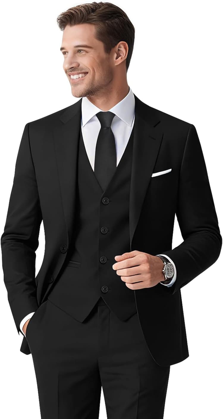 Men's Stretch Slim Fit 5-Piece Suit Set with Blazer, Vest, Pants, Bow Tie, Necktie and Pocket Square