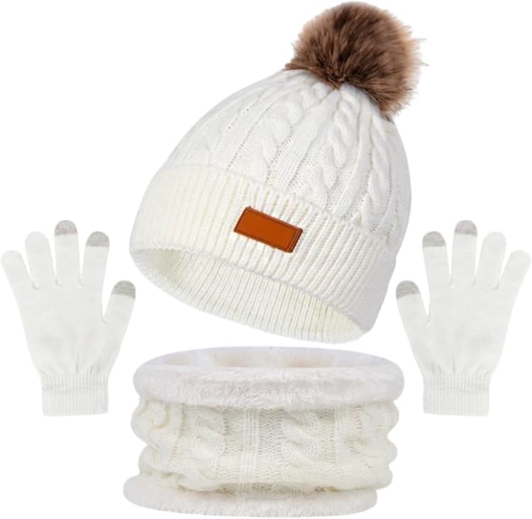 Ensemble de Bonnet Écharpe et Gants pour Femme, 3 en 1 Chapeau de Tricotés Chauds d'hiver Tour de Cou avec Doublure Polaire Gants d'écran Tactile pour Sports de Plein Air d'Hiver
