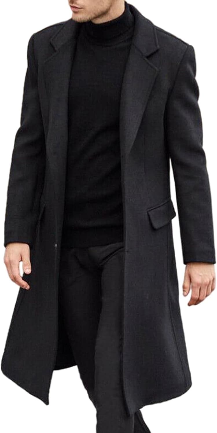 ECDAHICC Hommes Casual Slim Fit Laine Manteau Longue Veste Col cranté Trench Coat Simple boutonnage Manteau Hiver Chaud Vêtements d'extérieur