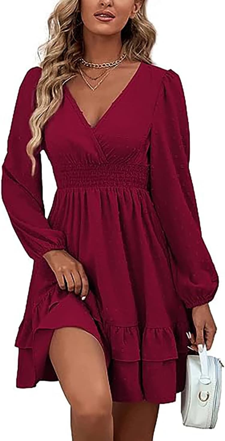 MAFA Femmes Robe Tunique Mini Robe Col en V Automne Hiver Longueur au Genou Casual Retro Respirant