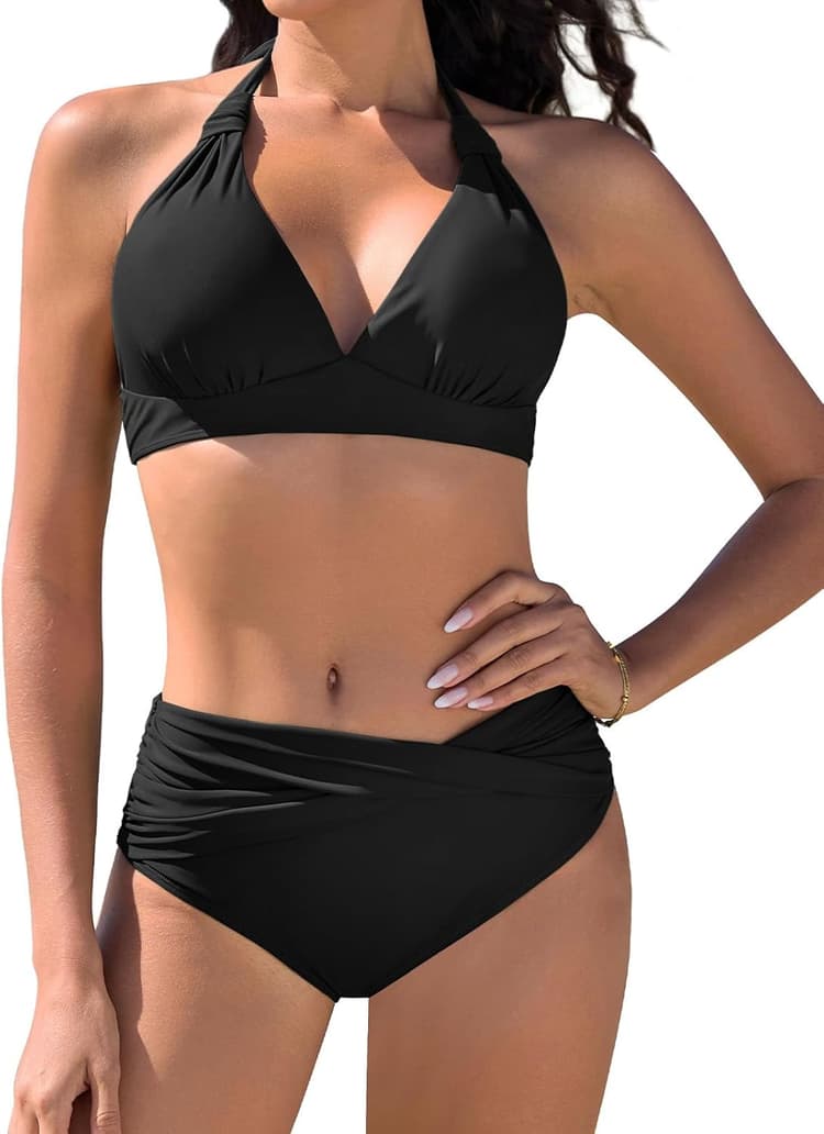 Nadeer Maillots de Bain 2 Pièces Col V Bikini Set Push Up Ensembles Deux Pièces Sexy Midi Taille Haute Beachwear Élégant Vintage Halter Ties-up Swimsuit Ensemble de Bikini