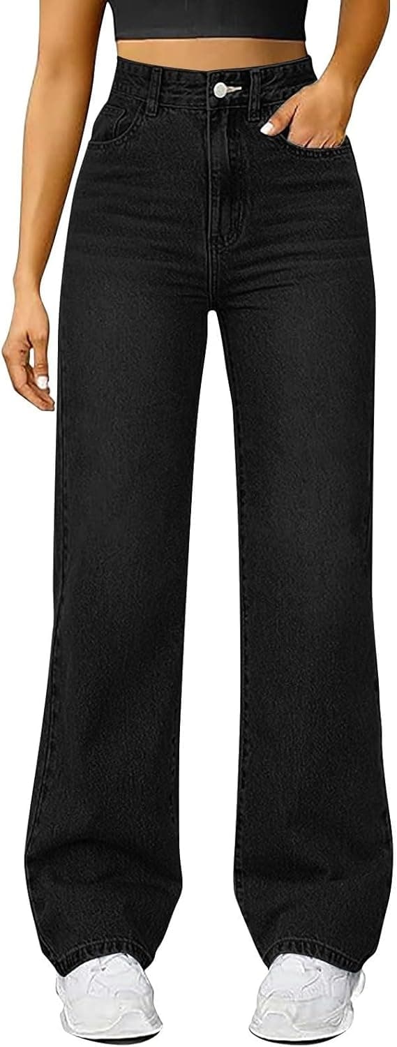 Pantalon en Denim pour Femme à Jambe Large Jeans en Coton Taille Haute Jambe Droite Coupe Ample Jeans Décontractés Très Extensibles pour Le Yoga Et Fitness Sports Pantalon