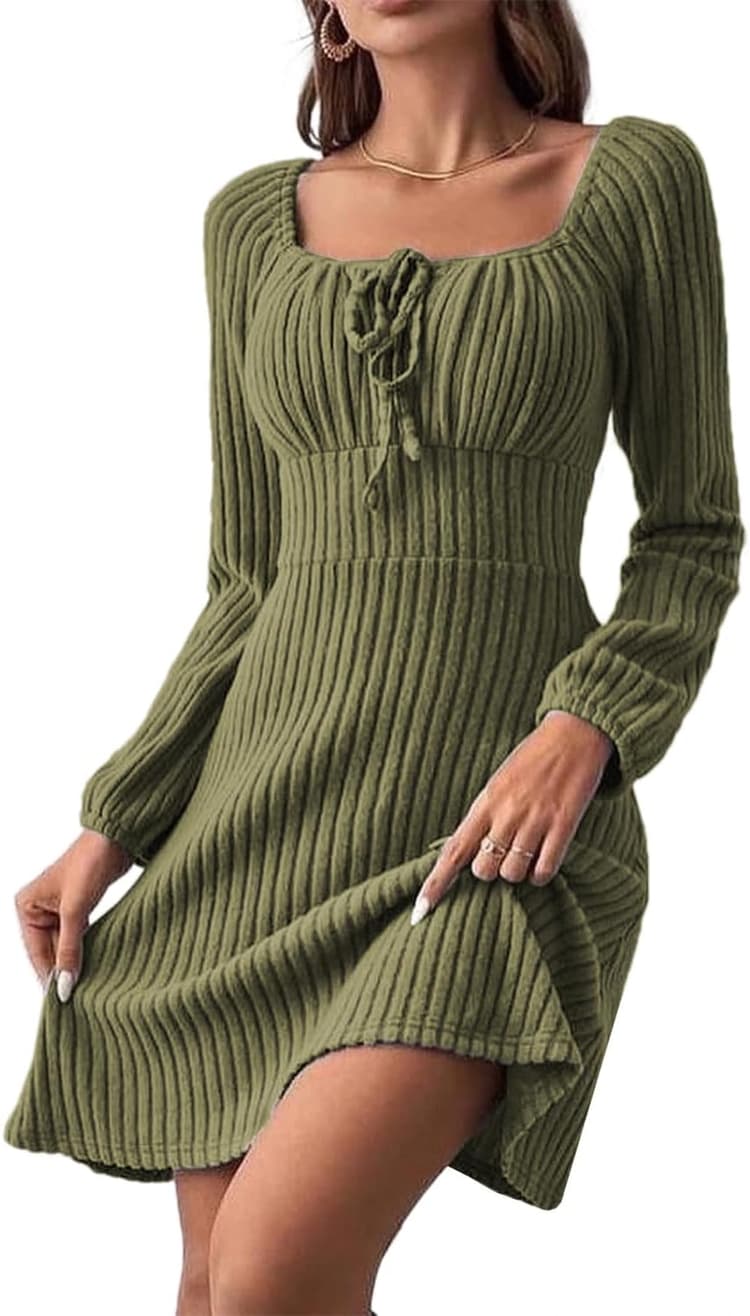 Femme Robe Pull Manches Longues Tunique Minirobe en Tricot A-Line Col Carré Taille Haute Casual Chic Robes Automne Hiver