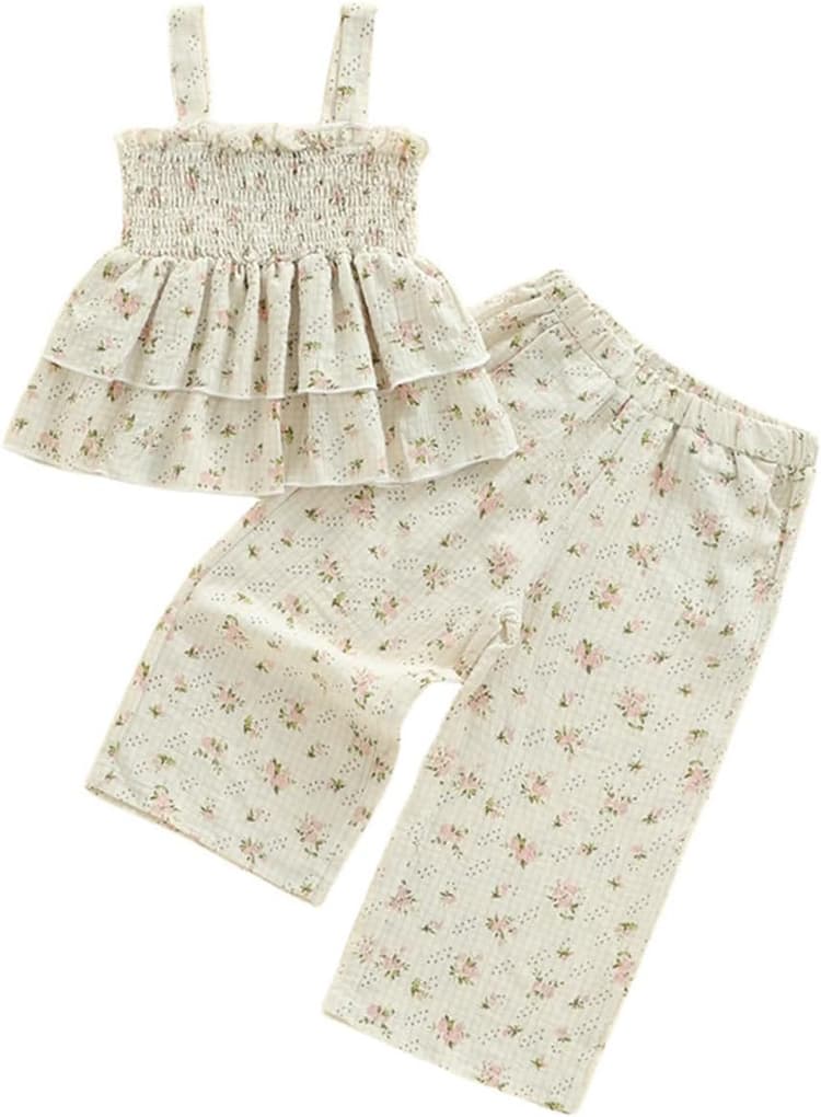 Toddler Baby Girl Clothes Sleeveless Smocked Ruffle Tank Tops and Long Pants Summer Little Girls Outfits