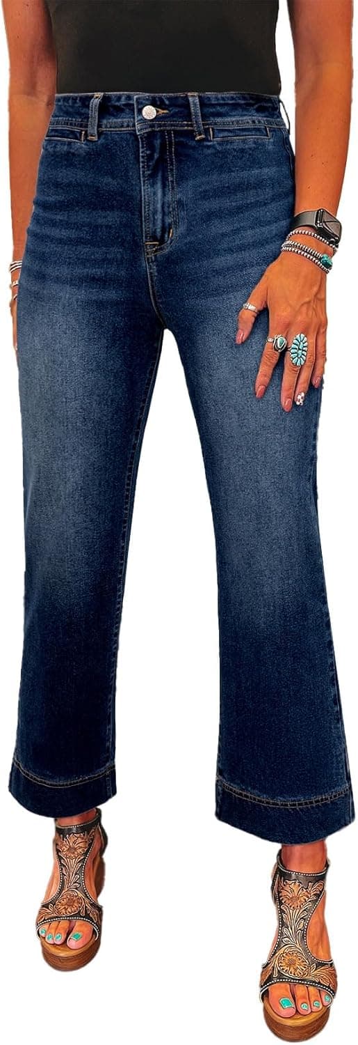 SHEWIN Women Wide Leg Jeans High Waisted Stretch Denim Pants Inseam 25-26 inch