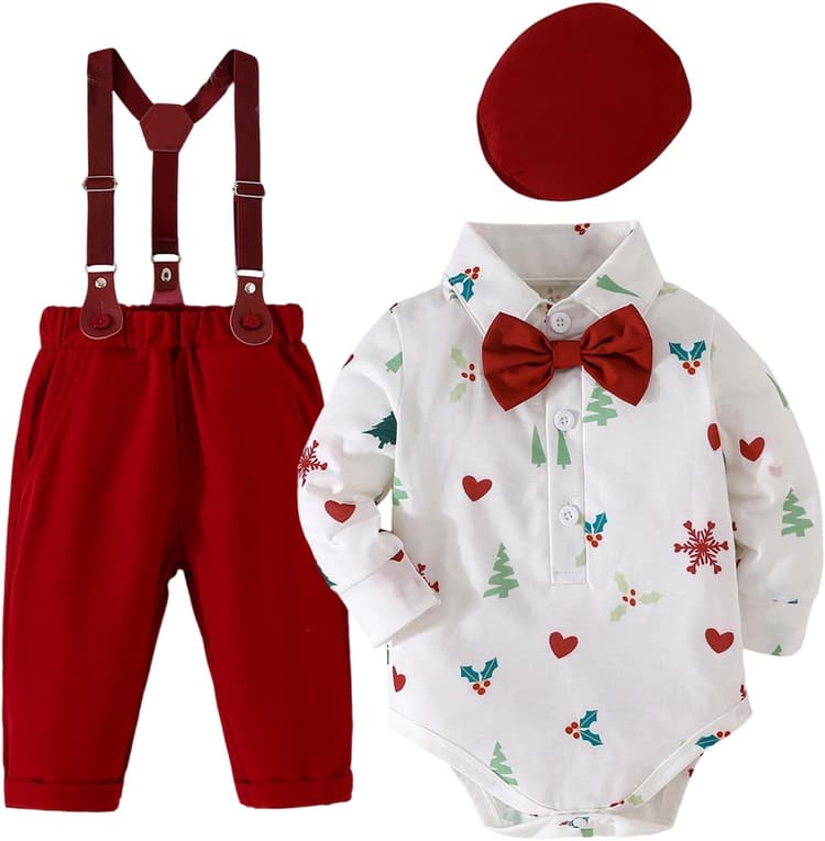 Tenue de Noël pour bébé garçon Vêtements de fête pour tout-petits Ensemble 4 pièces pour petit gentleman Body, nœud papillon, chapeau et pantalon avec bretelles