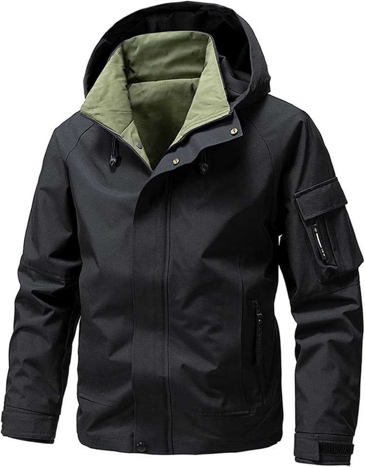Veste Homme Imperméable avec Capuche Zippé Vestes de Randonnée Cargo Décontractée Blouson Hiver Chaud Légère et Résistante Manteau Anti Vent Manches Longues Multipoches Couleur Unie Jacket M-5XL